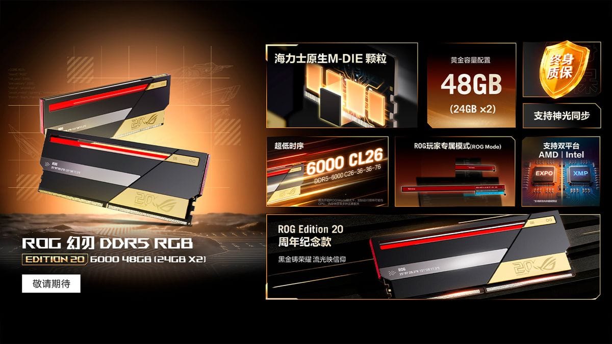 Hands-on close-up showing features of Asus DDR5 48GB RAM