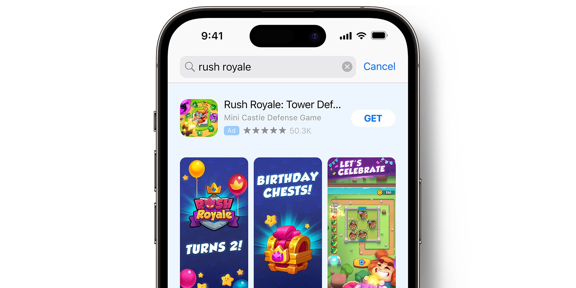 Hands-on close-up showing features of Rush Royale iOS tower