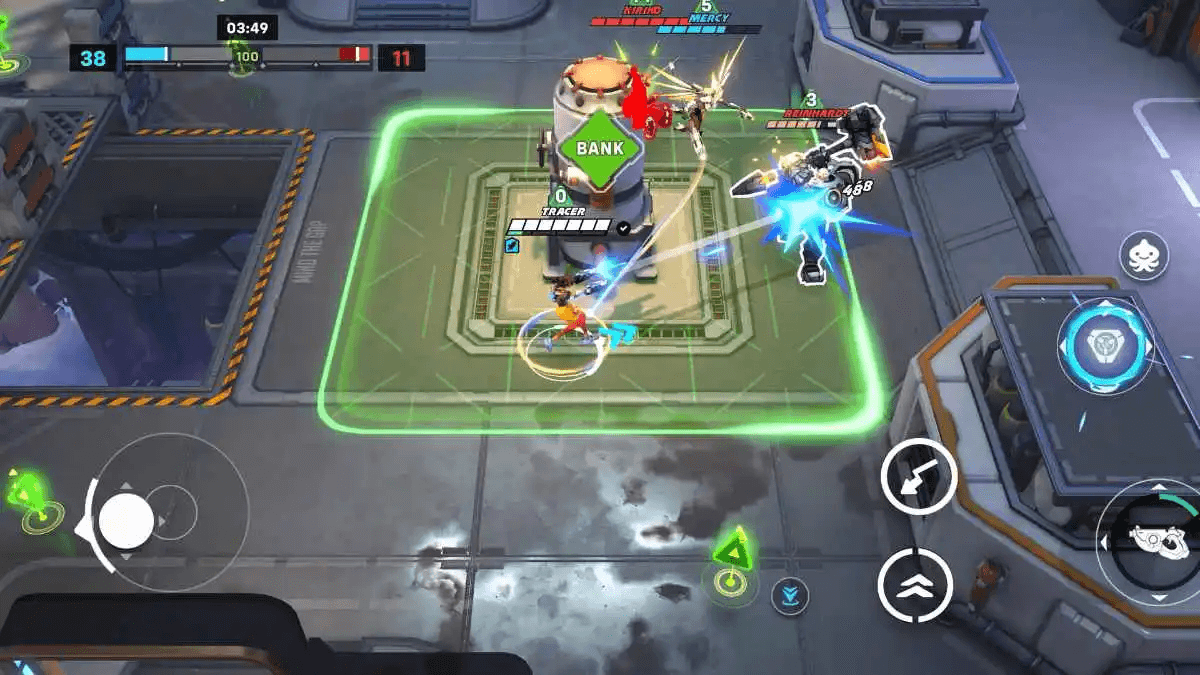Hands-on close-up showing features of Overwatch Rush Android soft